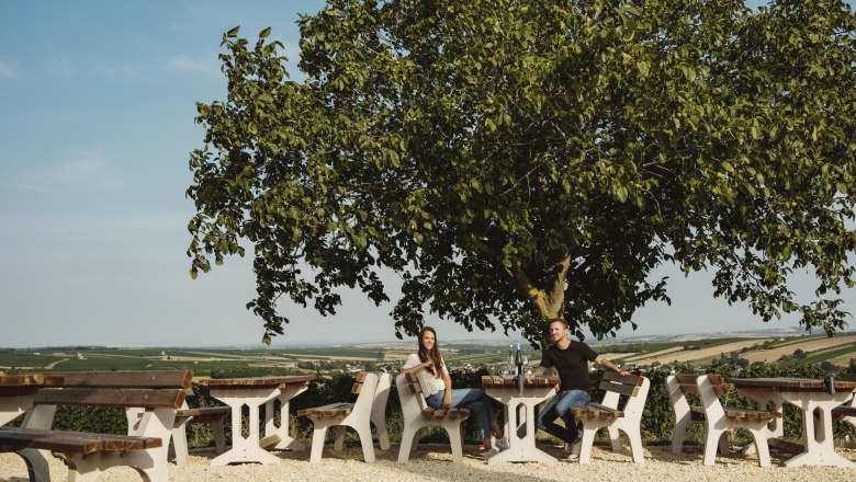 Selbstbedienungshütte Chillplatzl, © Weinviertel Tourismus GmbH / Michael Reidinger Zwei Personen sitzen an einem Tisch unter einem Baum mit Blick auf eine weite Landschaft.