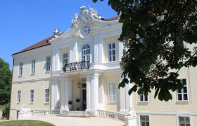 Schloss Liechtenstein in Wilfersdorf, © Huysza Barockes Gebäude mit Uhr und Balkon, umgeben von Bäumen.