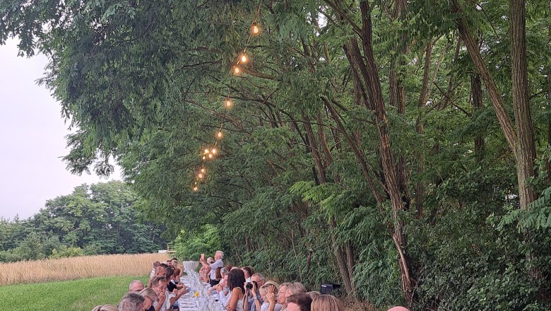 Tafeln im Weinviertel, © Weinviertel Tourismus GmbH Eine lange Tafel im Freien mit vielen Menschen, die unter Bäumen speisen. Lichterketten hängen über dem Tisch.