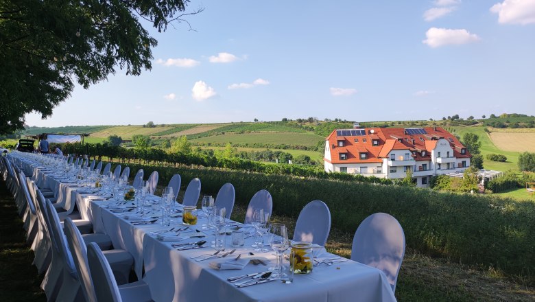 Tafeln im Weinviertel, © Weinviertel Tourismus GmbH Lange Tafel im Freien mit weißer Tischdecke, gedeckt für ein Festessen, im Hintergrund ein Gebäude und grüne Felder.