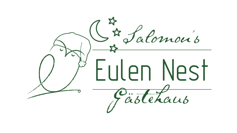 Logo des Eulen Nest Gästehauses mit einer schlafenden Eule, Mond und Sternen.