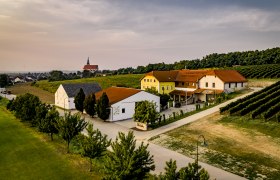 Luftaufnahme eines Weinguts mit Gebäuden und Weinbergen bei Sonnenuntergang.