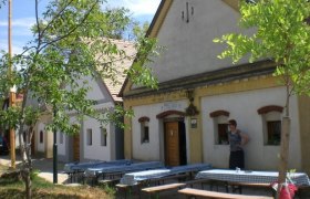 Traditionelle Weinkeller mit Holztüren und Bänken im Freien.