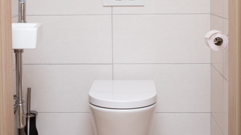 Modernes Badezimmer mit hängender Toilette, kleinem Waschbecken und Toilettenpapierhalter.