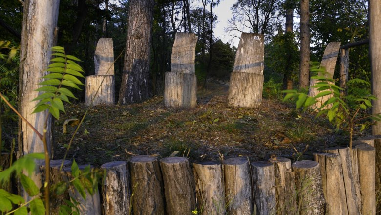 Holzskulpturen im Schlosspark Nexing umgeben von Bäumen.