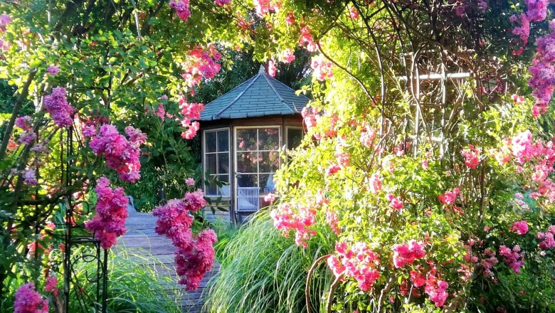 Ein Garten mit blühenden rosa Blumen und einem Pavillon im Hintergrund.