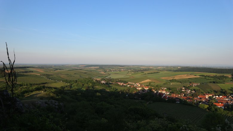 Panoramablick von der Burgruine Falkenstein auf eine weite, grüne Landschaft mit Feldern und einem Dorf.