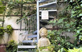 Steintreppe im Garten mit Pflanzen und Statue eines Kindes.