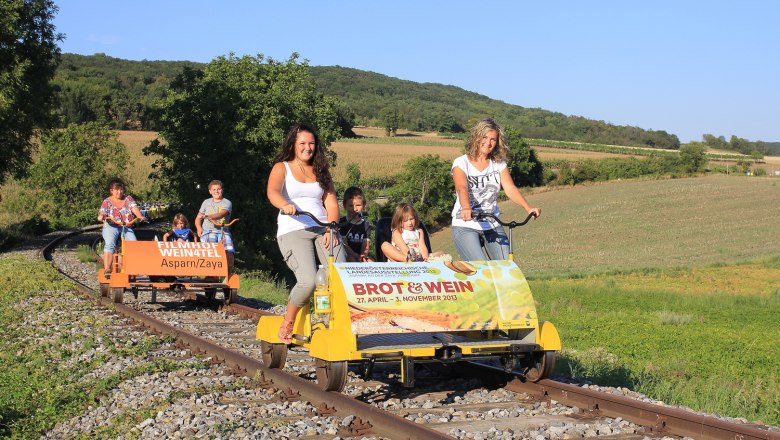 Menschen fahren auf einer Draisine durch eine ländliche Landschaft.