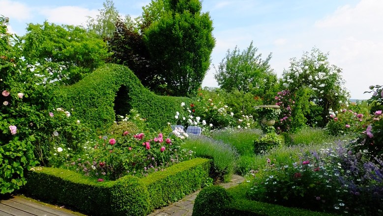 Ein gepflegter Garten im englischen Stil mit geschnittenen Hecken, blühenden Rosen und einem kleinen Sitzbereich.