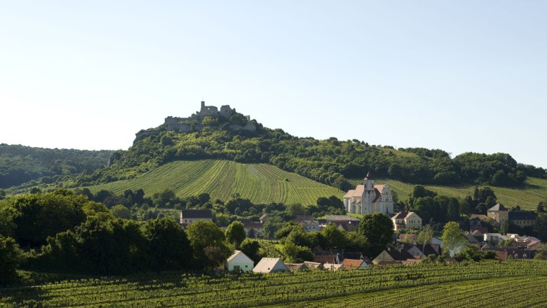 Landschaft mit Burg auf einem Hügel, Weinberge und Dorf im Vordergrund.