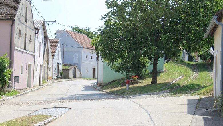 Eine malerische Kellergasse mit traditionellen Häusern und einem Baum an einem sonnigen Tag.