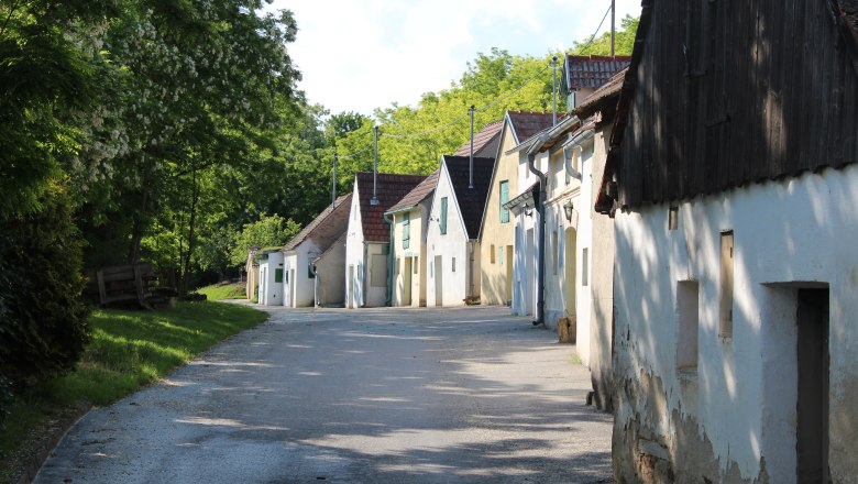 Reihe von Weinkellern in einer ländlichen Straße mit Bäumen im Hintergrund.