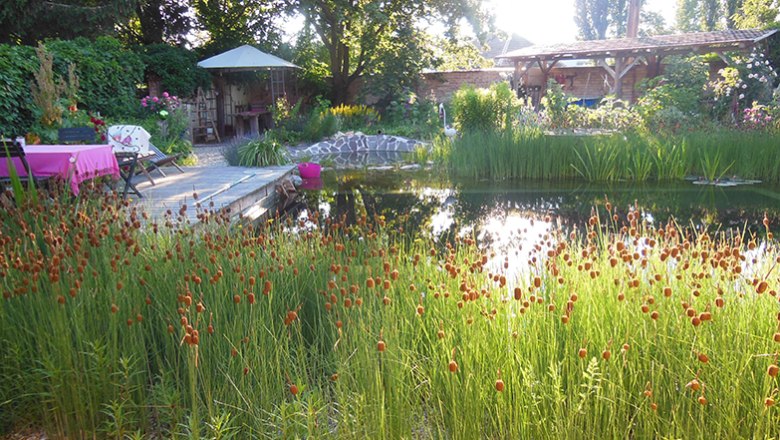 Ein idyllischer Garten mit Teich, umgeben von hohen Gräsern und Bäumen, mit einem Pavillon und Sitzbereich im Hintergrund.