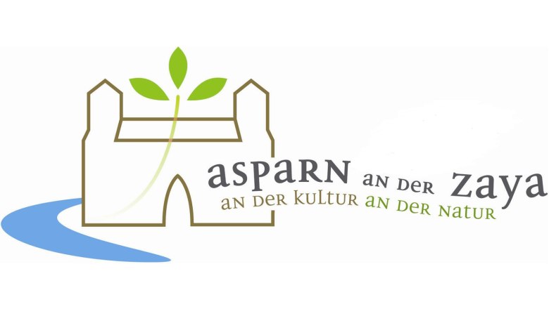 Logo von Asparn an der Zaya mit stilisierter Burg und Blatt.