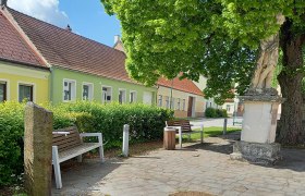 Ein ruhiger Platz mit Bänken und einer Statue unter einem großen Baum, umgeben von bunten Häusern.