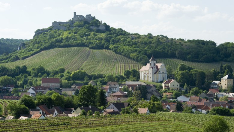 Blick auf die Burgruine Falkenstein auf einem Hügel, umgeben von Weinbergen und einem Dorf mit einer Kirche.