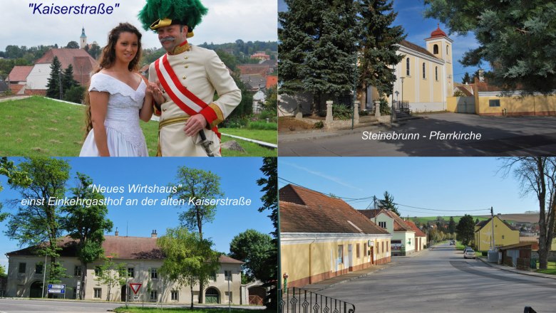 Collage von Drasenhofen mit Personen in historischen Kostümen, einer Kirche in Steinebrunn und einem alten Gasthof.