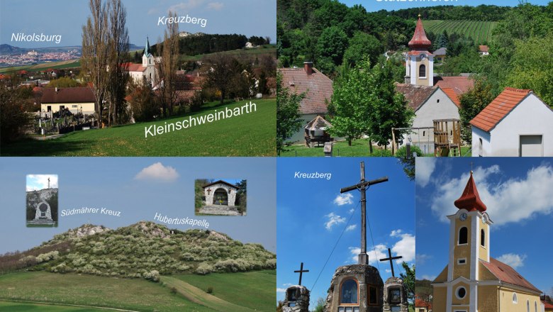 Collage von Landschaften und Gebäuden in Drasenhofen, inklusive Kirchen und Kreuzen.
