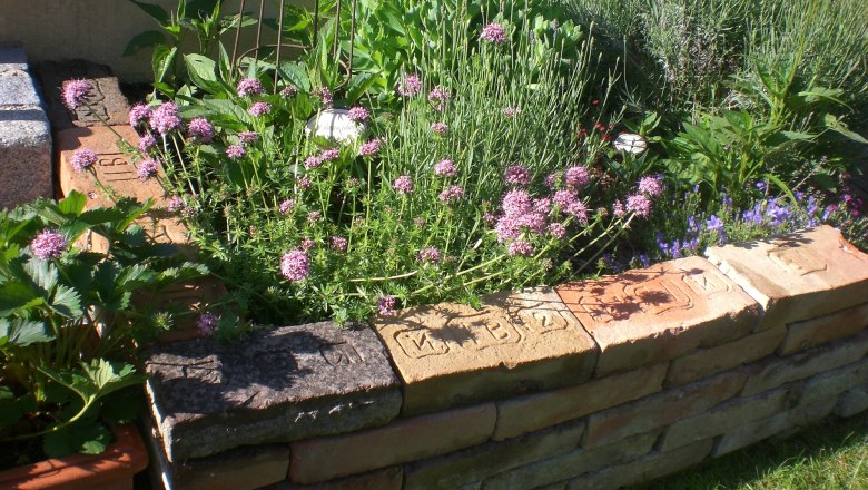 Ein Hochbeet aus Ziegelsteinen mit blühenden Pflanzen und Kräutern.