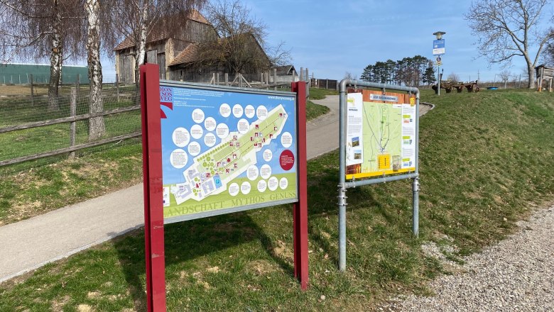 Wegweiser am Dionysosweg in Mistelbach mit Karten und Informationen.