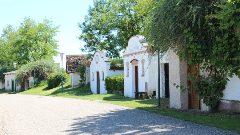 Reihe von traditionellen, weiß getünchten Weinkellern mit begrünten Dächern und Bäumen im Hintergrund.